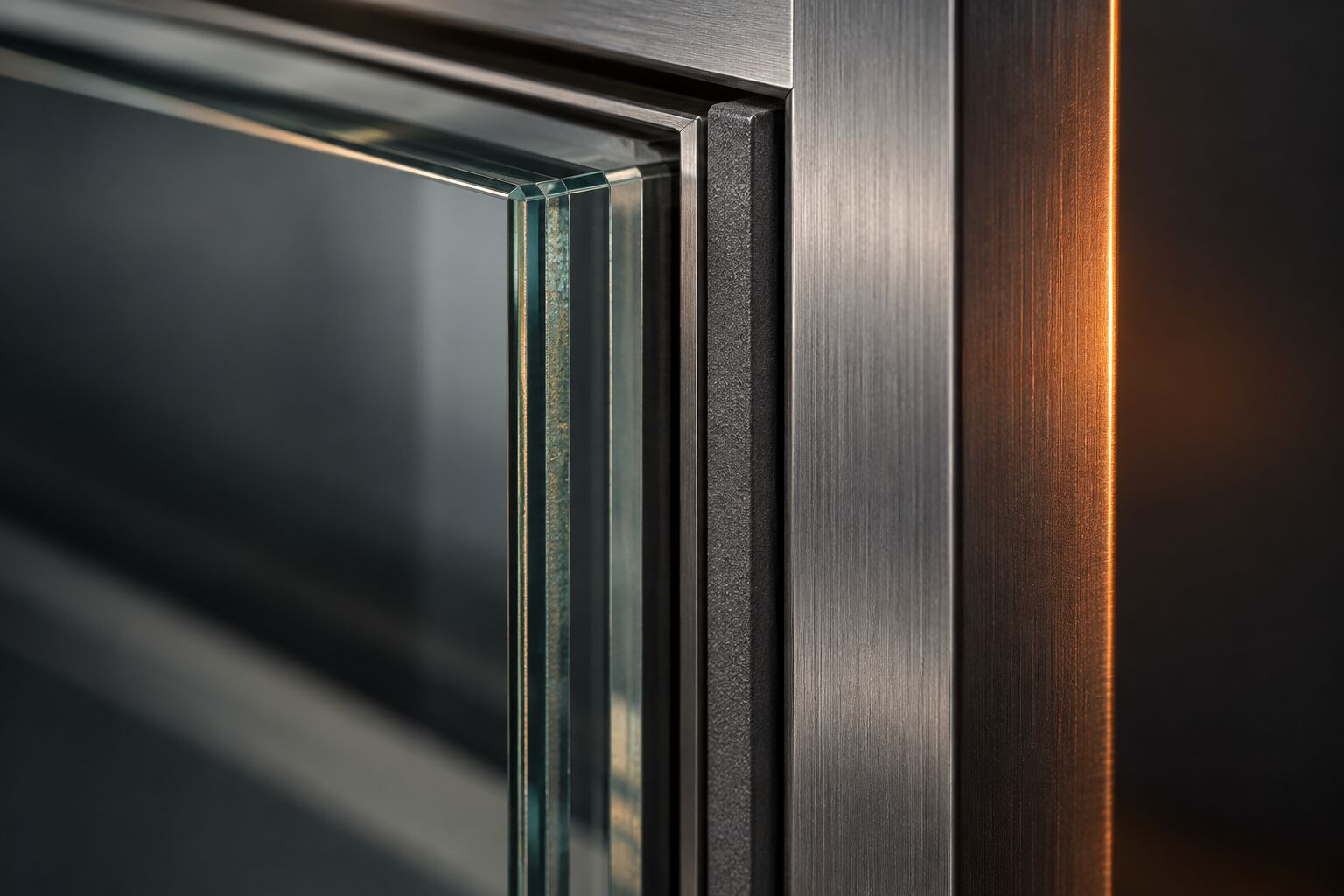 Close-up of an intumescent seal set into a brushed steel frame beside the glass edge