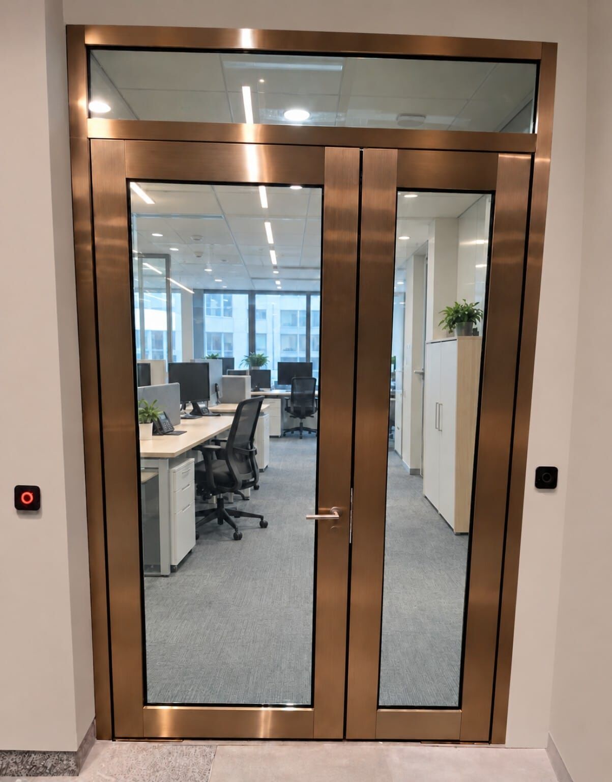 Office entrance: fire-rated glass with stainless capping finish